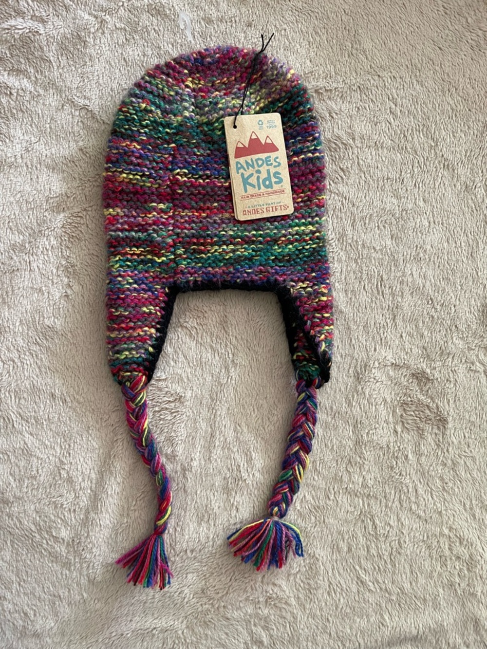 Handmade Multicolor Kids Knit Earflap Hat with Fun Face - Picture 2 of 3